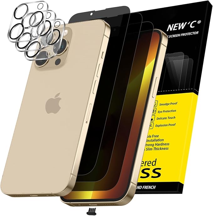 NEW'C 3x Privacy for iPhone 13 Pro Max Screen Protector (6.7 inches)+ 3x Camera Lens Protector, Sensor Protection, Tempered Glass Film +Dust Plug - Enhanced Privacy Angle of 28 Degrees