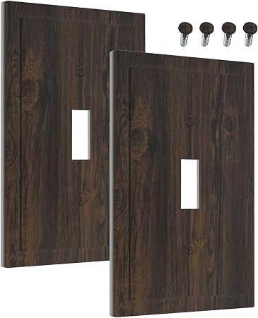 Decorative Light Switch Cover Dark Brown Wood Texture Rustic Plank 1 Gang Wall Plate Cover Single Toggle Outlet Covers Switchplate Electrical Faceplate for Cabin Bedroom Decor（2Pack）