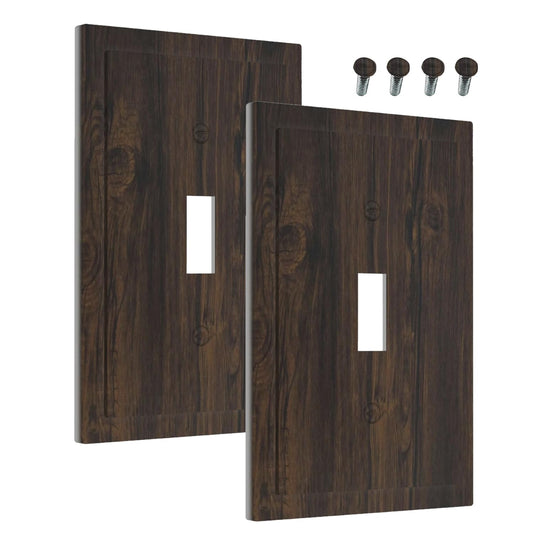 Decorative Light Switch Cover Dark Brown Wood Texture Rustic Plank 1 Gang Wall Plate Cover Single Toggle Outlet Covers Switchplate Electrical Faceplate for Cabin Bedroom Decor（2Pack）