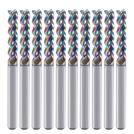 1/8" Carbide Square End Mill for Aluminum Copper Applications, 3-Flute,1/8" Cutting Diameter,DLC Coating, CNC Router Bits, End Mill Bits, U-Type Design, 10-Pack (3.175 * 3.175 * 15mm)