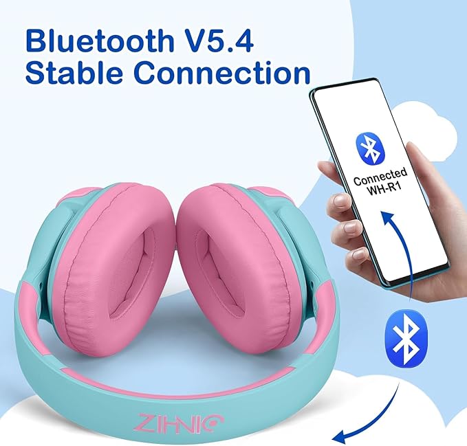 ZIHNIC Kids Bluetooth Headphones, 40Hrs Play time, Kids Wireless Headphones Over Ear with 85dB/94dB Volume Limited - Pink