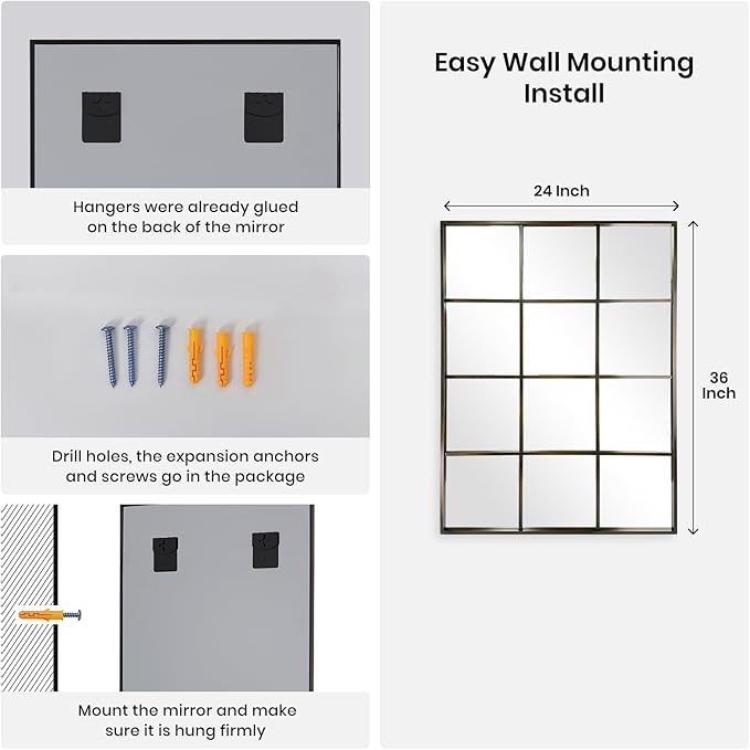 Windowpane Wall Mirror 24"x36" Bronze Wall Mounted Art Pane Mirror Farmhouse Decorative Mirror Leaning Hanging Wall Mirror for Bedroom Living Room Entrance Hallway Wall Decor