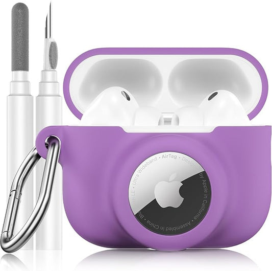 2 in 1 Silicone Case Compatible with AirPods Pro 3 and AirTag 2/1, Shockproof Protective Case Cover for AirPods Pro 3rd Generation 2025 with Cleaner Kit & Carabiner (Purple)