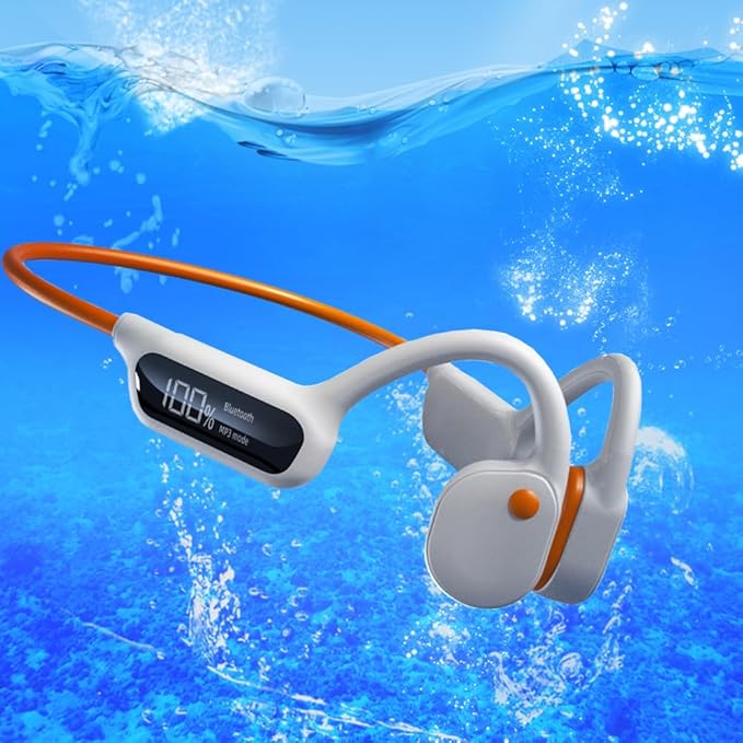 AYI True Bone Conduction Swimming Headphones with Bluetooth 5.4 & MP3 Player Mode 32GB Built-in Memory IPX8 Waterproof Screen Display Pain-Free Open-Ear Earphone for Sport and Work-X10 White