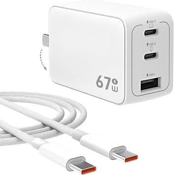 67W USB C Charger, GaN PPS 3-Port Fast Compact Foldable USB C Charger Block for MacBook, iPad Pro, Galaxy S24, iPhone 16/15 and More
