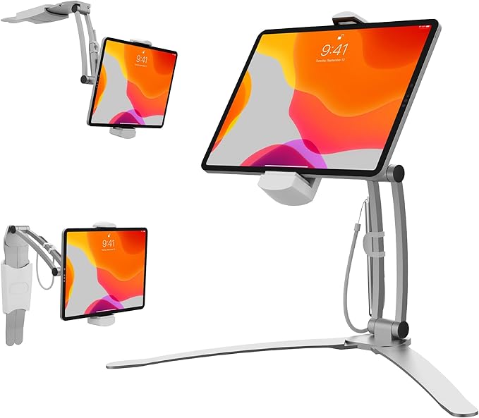CTA Digital 3-in-1 iPad Tablet Mount – Multipurpose Universal Kitchen Mount Holder for All iPad Tablets 7-13" - Made for Wall - Under Cabinet & Desk - Silver (PAD-KMS)