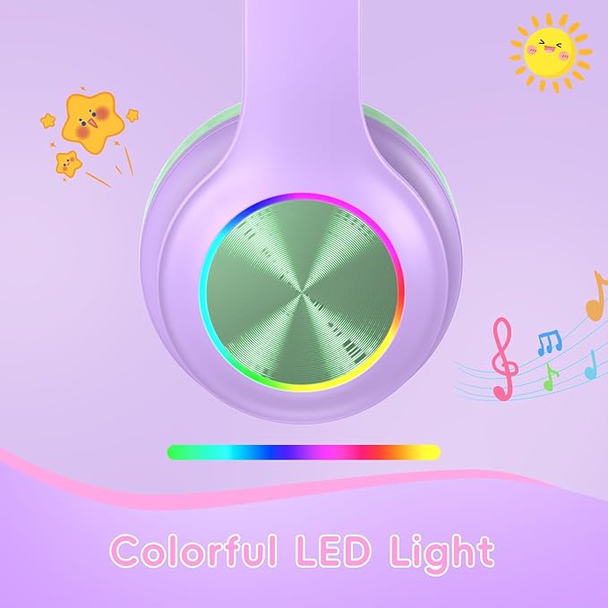 Kids Bluetooth Headphones with LED Light, 45Hours Playtimes, 85/94dB Volume Limited, Bluetooth 5.4, Wireless Headphones for Kids with Built-in Mic, Wired & TF Card Mode,Green and Purple