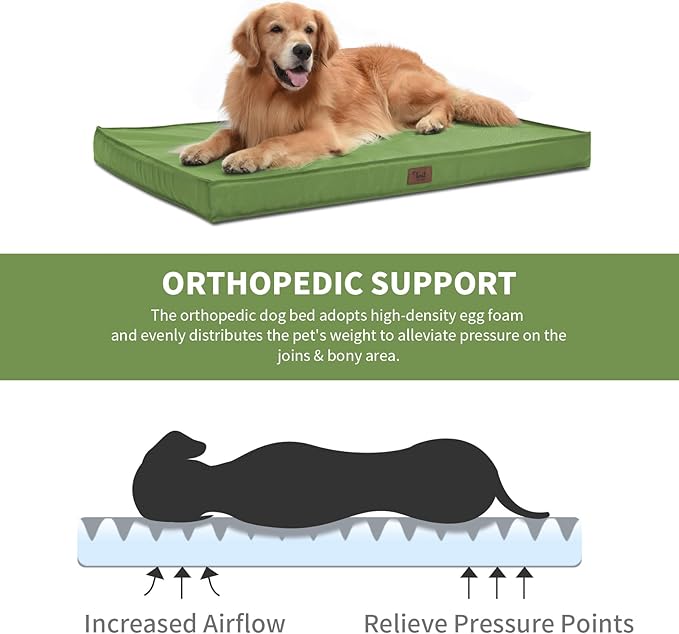 Outdoor Large Washable Dog Bed, Orthopedic Egg Crate Foam Dog Crate Mat for Large Dogs with Removable Oxford Cooling Cover, Light Green