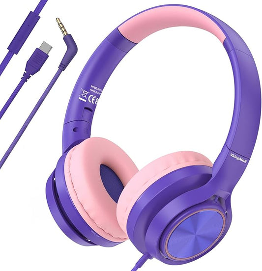 Kids Headphones for School Travel, Upgrade USB Type C Safe Volume 94dB, with Mic HD Stereo Sound Foldable On-Ear Headphones for Boys/Girls/Students/Tablet/Travel Purple