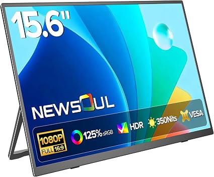 Newsoul Portable Monitor 15.6 Inch, 125% sRGB Laptop Monitor Built-in 0~180°Adjustment Stand | Speaker | VESA, HDMI USB-C Plug&Play, Ultra-Thin Second Extender Screen for Phone Game Console