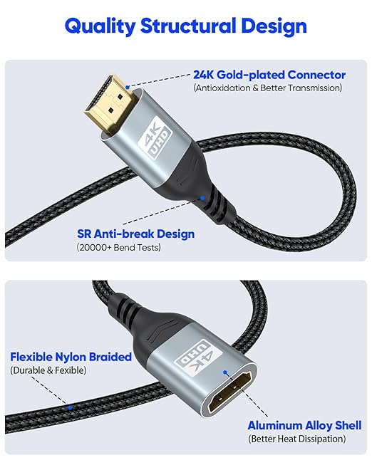 ZeniKon 4K HDMI Extension Cable 1FT – 2-Pack, 4K@60Hz, HDR, ARC, HDCP 2.2, Gold-Plated, Fire TV Stick, Roku, PS5, Xbox