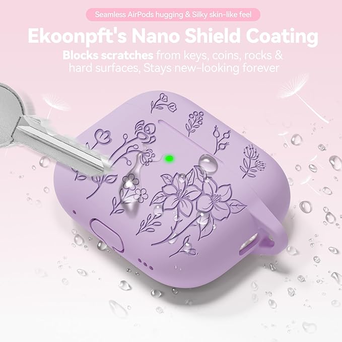 for Airpods Pro 3 Case, Flower Engraved Case Cover Compatible with AirPods Pro 3rd Generation 2025, Soft Silicone Cases with Cute Keychain & Cleaner for Women Girly, Shockproof