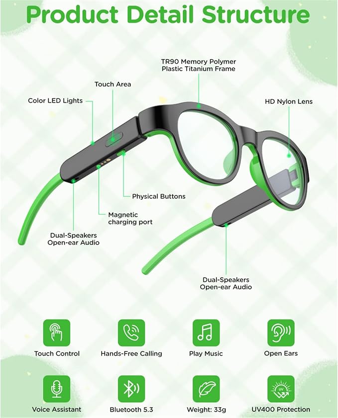 Kids Smart Glasses: UV400 Blue Light Glasses - Built-in Mic & Open Ear Bluetooth Speakers - 7-color RGB Light Strip - Voice & Touch Control - Works with iOS/Android for Kids 6-12 Gifts