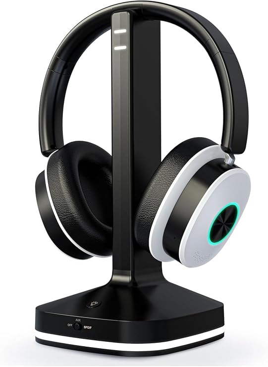 Earbay Wireless Headphones for TV, TV Headphones, Bluetooth Headphone with Transmitter & Charging Base, No Delay Over Ear Headset for Seniors, 3 Audio Modes, Ideal Gifts for Parents, Black & White