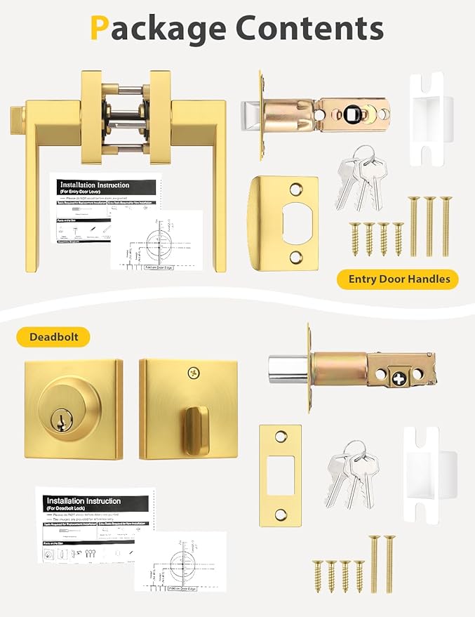 5 Pack Brushed Gold Keyed Alike Front/Exterior Door Lever with Single Cylinder Deadbolt, Satin Brass Entry Door Knob Lock Set Combo Sets, for Entrance/Front and Office Doors