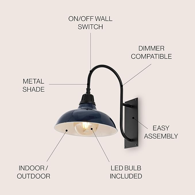 JONATHAN Y JYL7614C Stanley 12.25" 1-Light Farmhouse Industrial Indoor/Outdoor Iron LED Gooseneck Arm Outdoor Sconce Metal Bowl Shade Vintage Cottage Rustic Porch Patio Yard Barn, Navy