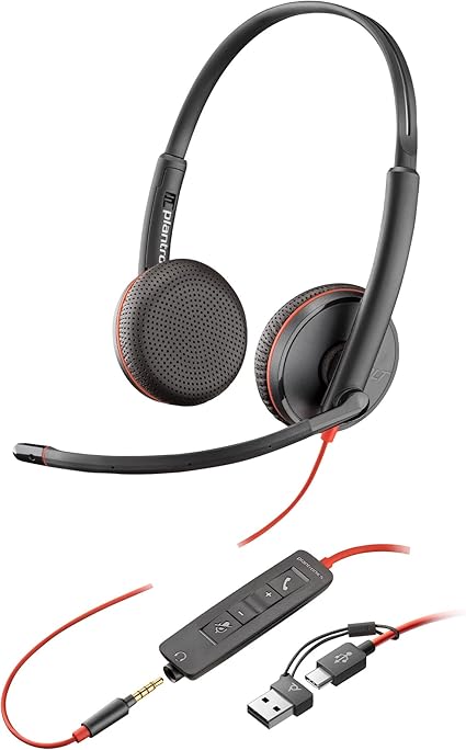 Poly Blackwire 3225 Wired Headset (Plantronics) - Noise-Canceling Mic – Stereo Design - Connect to PC/Mac/Mobile via USB-C, USB-A, or 3.5mm - Works w/Teams, Zoom - Amazon Exclusive