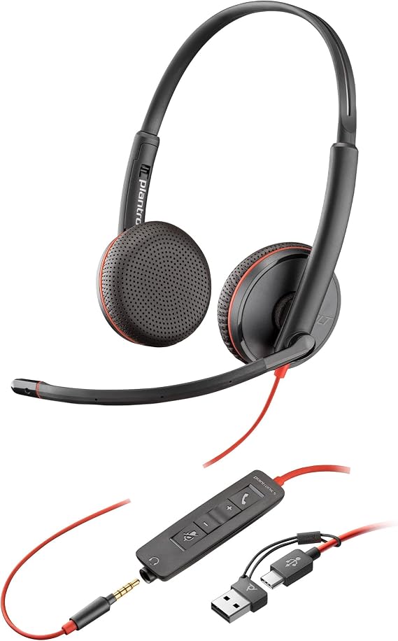 Poly Blackwire 3225 Wired Headset (Plantronics) - Noise-Canceling Mic – Stereo Design - Connect to PC/Mac/Mobile via USB-C, USB-A, or 3.5mm - Works w/Teams, Zoom - Amazon Exclusive