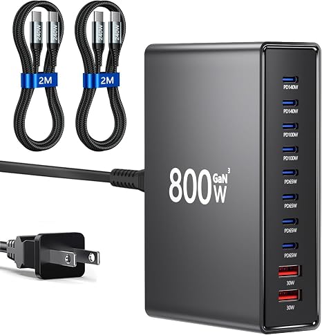 800W USB C Charger,GaN 10 Ports USB Charger with 2 x 2m 240W USB-C to USB-C Cables,Multiple Laptop Charging,PD Adapter Compatible with MacBook Pro/Air/Dell/iPhone/Galaxy/Laptop/Tablet/Mobile