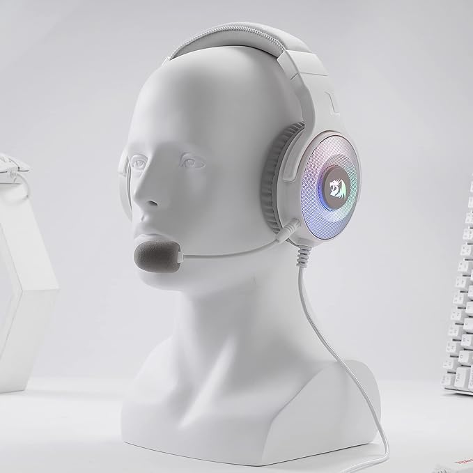 Redragon H350 White Wired Gaming Headset, Dynamic RGB Backlight - Stereo Surround-Sound - 50MM Drivers - Detachable Microphone, Over-Ear Headphones Works for PC/PS4/XBOX One/NS