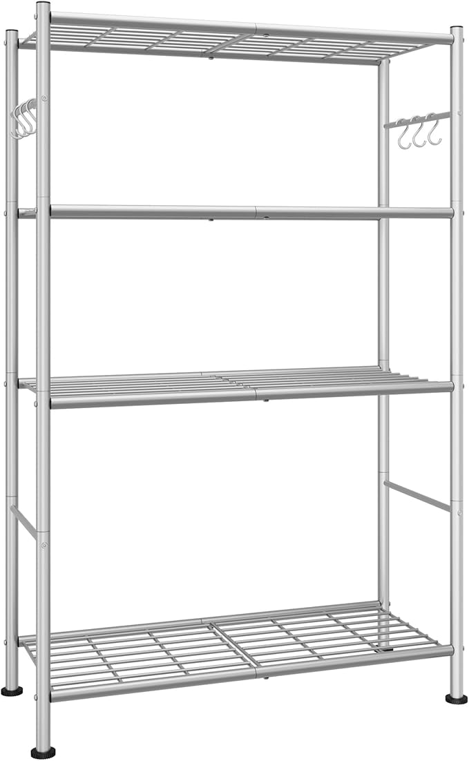 Storage Shelves - 4-Tier Spacious Shelf Organizer with Hooks & Leveling Feet, Easy to Assemble, Rust-Resistant Garage Shelving for Kitchen, Pantry, Bedroom, 33.2" x 12.7" x 57.3", Sliver