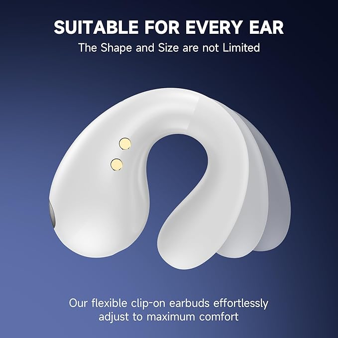 Open Ear Earbuds Wireless Bluetooth 5.3, Flexible Clip On Ear Buds with 50H Playtime LED Display Bone Conduction Headphones, IPX7 Waterproof Light Weight Earbuds Fit for Every Ear (White)