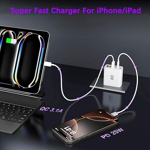 65W USB C Charger Block,6-Port iPhone Charger Fast Charging,Multiport PD 3.0 Type C Chargers Brick QC Power Charger Adapter for iPhone 17/16/15/14/13/12 Pro Max,iPad,iPod,AirPods Pro,Samsung S26 S25