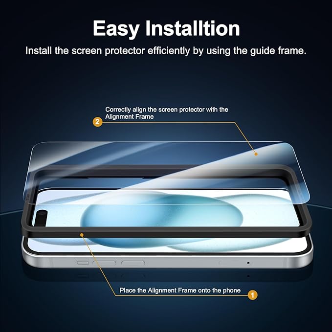 NEW'C 3X for iPhone 15 Screen Protector (6.1 inches)+ 3X Camera Lens Protector, Sensor Protection, Case Friendly Tempered Glass Film + Dust Plug- Easy Installation Tool Include