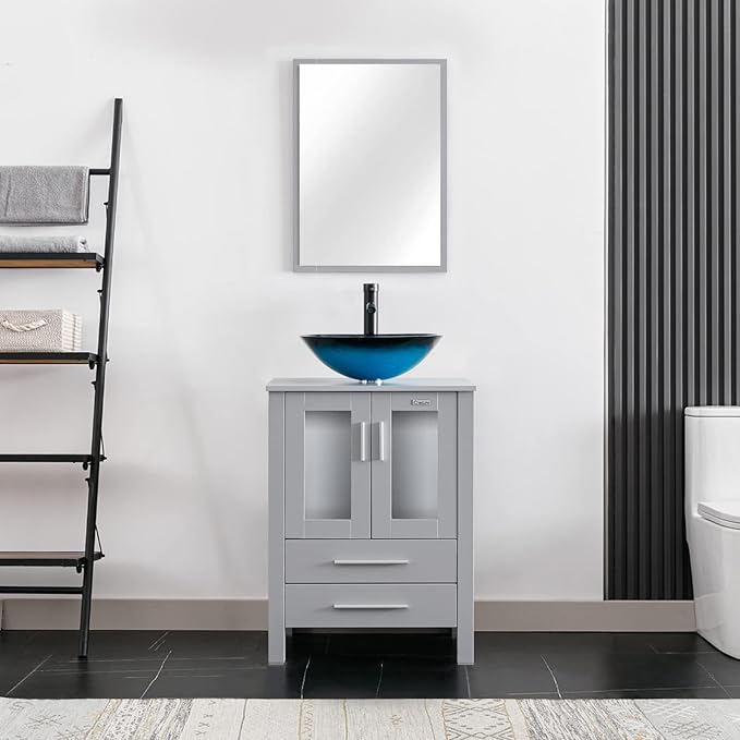 eclife 24" Modern Bathroom Vanity Sink Combo Freestanding Cabinet with Soft Closing Door, Turquoise Square Glass Vessel Sink, Water Save Faucet, Drain (Gray+A10)