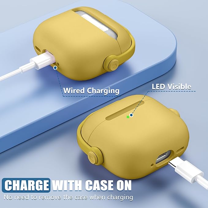 with Safety Lock for Airpods 4 Case, TPU Case for Apple Airpods 4 Case 2024 USB-C with Cleaner Kit, Drop Protection Airpods 4 Case Cover with Lock and Keychain, Lemon Yellow