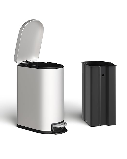 Stainless Steel Bathroom Trash Can with Lid, Slim Waterproof Garbage Can, Small Step-on Metal Trash Bin with Soft Close Lid, Inner Bucket & Rear Handle for Bathroom, Bedroom, Kitchen