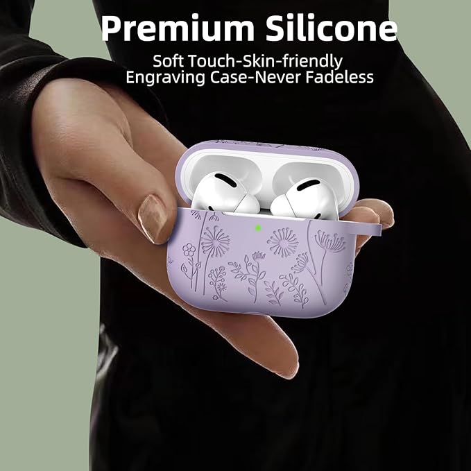 Lerobo Compatible with Apple Airpod Pro 2 Case, Flower Engraved Soft Silicone Skin Cover, Full Protective Cover for AirPod Pro Case USB C for Girls Cute, Front LED Visible, Lavender