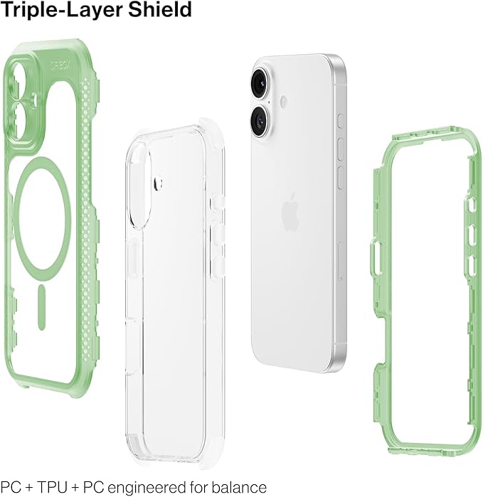 ORIbox Seralyn Series for iPhone 16 Case - MagSafe Compatible, Triple-Layer Shockproof Protection, Crystal-Clear Back with Elegant Matte Frame(6.1", Sage Aura)