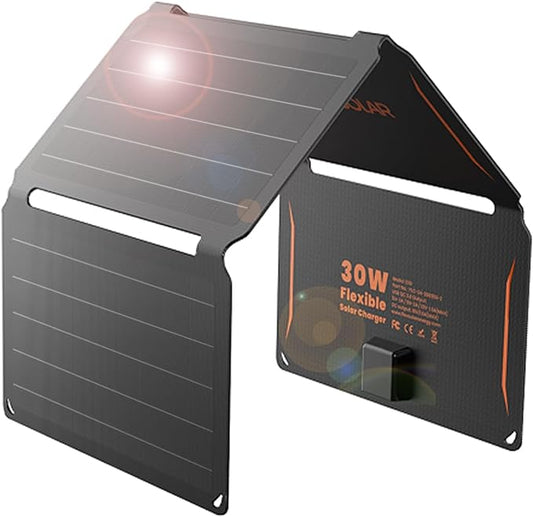 FlexSolar 30W Portable Solar Panel Chargers QC3.0 18W USB-A USB-C Output Foldable Small Power Emergency ETFE Panels IP67 Waterproof Camping Backpacking Hiking for Cell Phone Power Banks Flashlight