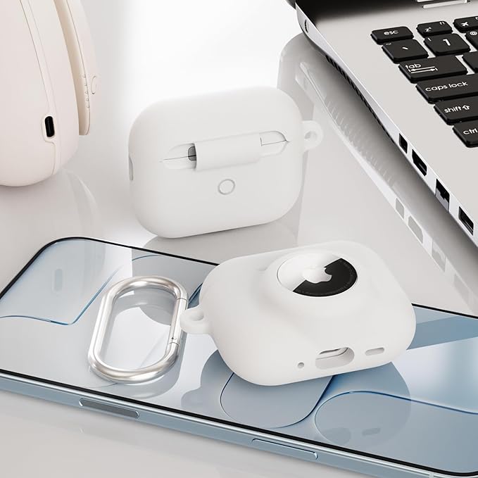 2 in 1 Silicone Case Compatible with AirPods Pro 3 and AirTag 2/1, Shockproof Protective Case Cover for AirPods Pro 3rd Generation 2025 with Cleaner Kit & Carabiner (White)