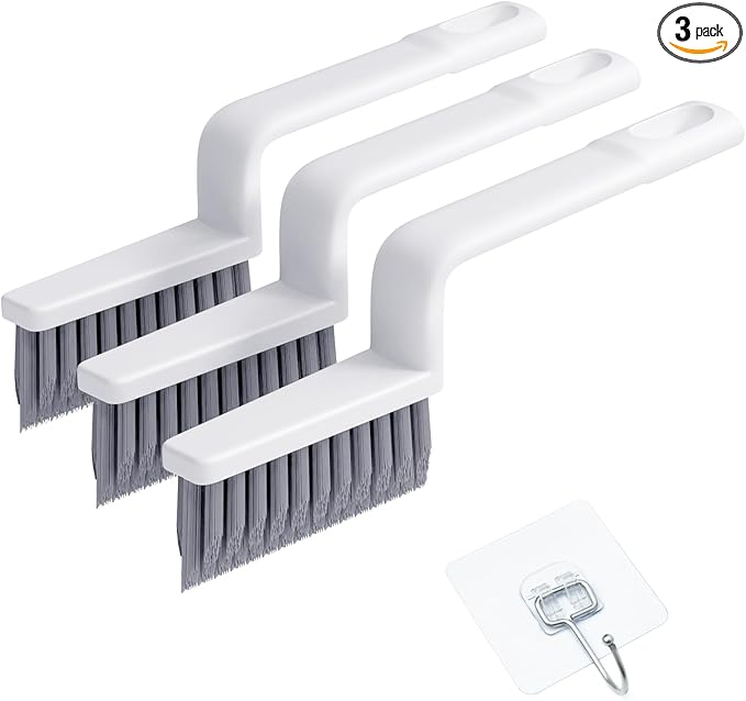 V-Shaped Grout Cleaner Brush, 3 Pcs Grout Brushes for Tile Floor, Handheld Grout Cleaning Brushes Set with 3 Hooks for Shower, Bathroom, Kitchen, Home Use, Stiff Bristle