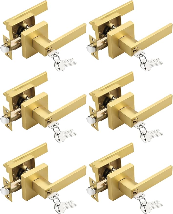 6 Pack Brushed Gold Entry Door Levers with Lock and Key, Satin Brass Keyed Alike Lockset Combo Pack, Entrance Door Handles for Office and Front Door, Door Knobs Lockset (Each with 3 Keys)