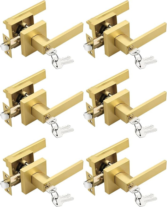 6 Pack Brushed Gold Entry Door Levers with Lock and Key, Satin Brass Keyed Alike Lockset Combo Pack, Entrance Door Handles for Office and Front Door, Door Knobs Lockset (Each with 3 Keys)