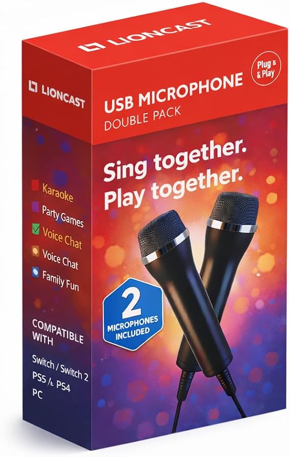 Lioncast Pair Of Universal USB Microphones Compatible with Computer and Karaoke Gaming; Compatible with Wii, PS5/Playstation 5, PS4 & PC Games as SingStar, Lets Sing, We Sing; 3m cable – Black