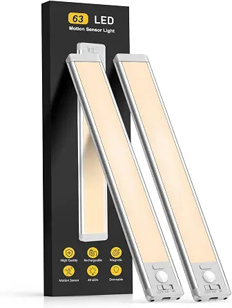 MCGOR 14.7inch Under Cabinet Lighting, 2 Pack Rechargeable Motion Sensor Light Indoor, 5 Levels Dimmable Magnetic Closet Lights, Wireless Under Counter Lights for Kitchen, Stairs,Hallway