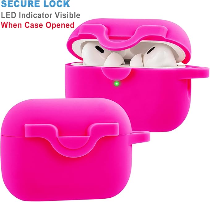 Secure Lock Case for Airpods Pro 2 Case with Cute Bling Keychain, Silicone Protective Case Cover for Airpods Pro 2nd Generation Case Women Girls - Hot Pink