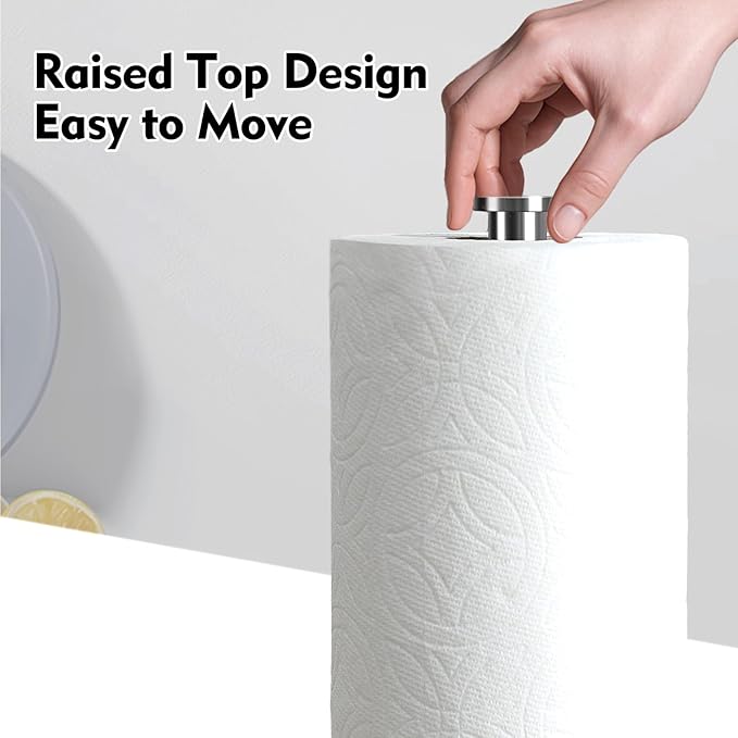 Weighted Marble Paper Towel Holder Countertop, Standing Paper Roll Holder with Non-Slip Base for Kitchen, One-Handed Tear, Elastic Centering Wire (Marble, Stainless Steel)