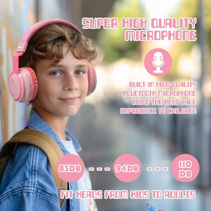Kids Headphones Bluetooth 5.3 Wireless Lightweight Fast Charging 68 Hours Play Time Volume Limited 85/94dB Over Ear Foldable with Built-in Mic for Toddler Boy Girl Tablet Pad Pink