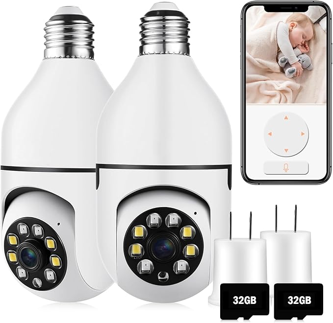 Security Camera Indoor Wireless WiFi Outdoor Home E27 360 Degree Panoramic Home Security Cameras IP Camera Motion Detection and Alarm Two-Way Audio 2pack-32GB