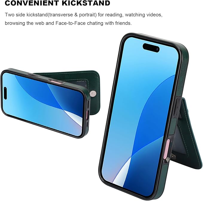 KIHUWEY Compatible with iPhone 16 Case Wallet with Credit Card Holder, Flip Premium Leather Magnetic Clasp Kickstand Heavy Duty Protective Cover for iPhone 16 6.1 Inch (Dark Green)