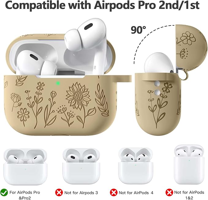 Flower Engraved Case for AirPods Pro 2 Gen with Clean Kit & Keychain, Soft Silicone Protective AirPods Pro 2 Case Cover for Apple AirPods Pro 2nd/1st Generation, Front LED Visible, Milk Tea