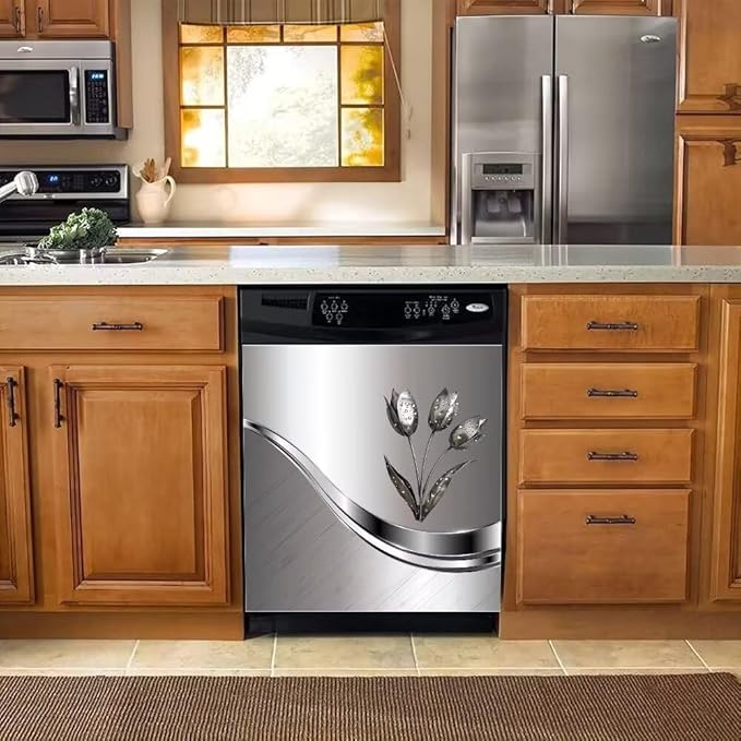 Generic Stainless Steel Effect Kitchen Decoration Dishwasher Cover Magnetic,Metal Flower Pattern Refrigerator Decor Magnet Sticker, Dishwasher Panel Decal, 23"" x 26"" Magnetic, Rimyy111-2