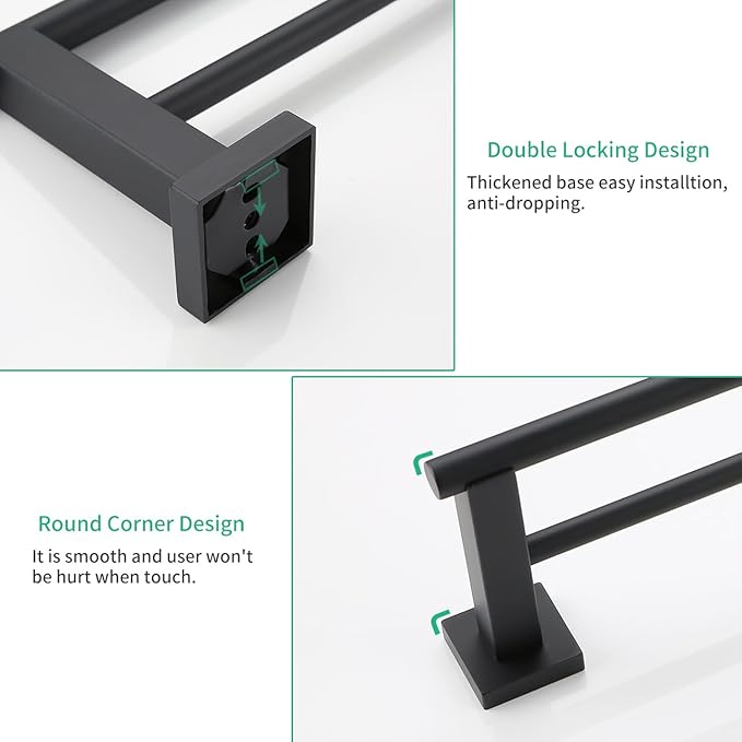 Miyili Matte Black 5-Piece Bathroom Hardware Kit Set Stainless Steel Wall Mount - Includes Double Towel Bar, Hand Towel Rack, Toilet Paper Holder, 2X Robe Hook, BS02B5