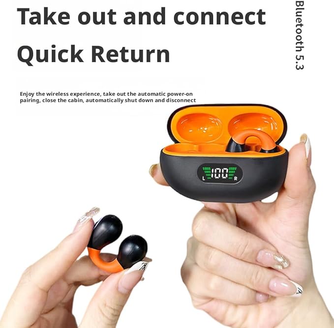 Open-Ear Wireless Headphones Bluetooth Clip On Mini Earbuds Charging Case Ear Buds Sports Bone Conduction Earphones for Workout Driving Walking (Orange)
