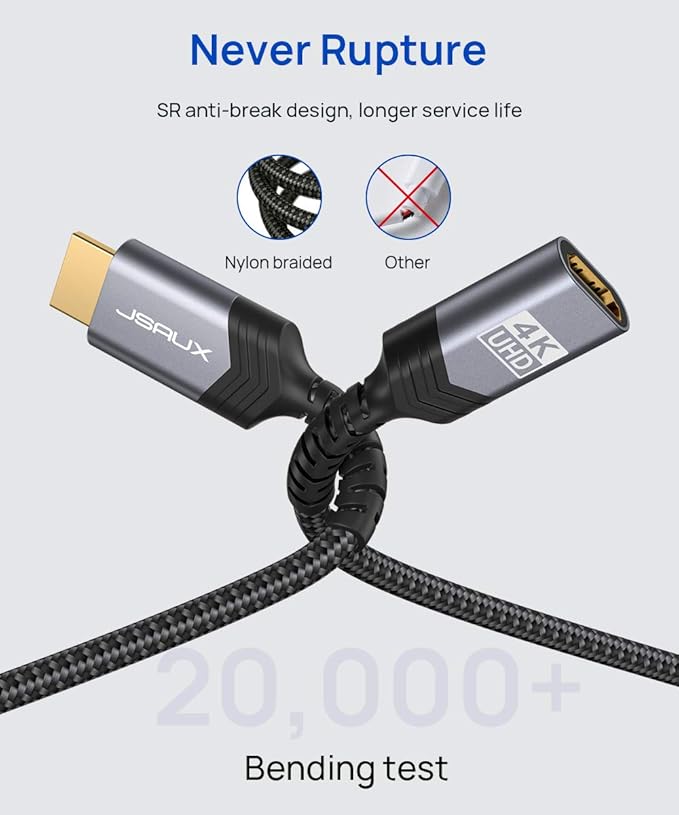 HDMI Extension Cable 3.3FT, JSAUX 4K 60Hz High Speed HDMI Extender Cord Male to Female Adapter Connector (HDR HDCP 2.2), Compatible with Roku TV Streaming Stick, Bluray Player, HDTV, Laptop, PC - Grey